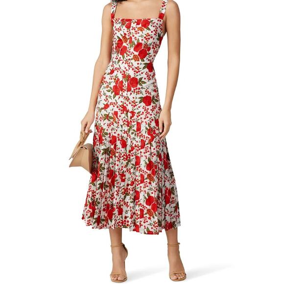 Alexis Dress S Amal Pleated Rose Print Midi Floral Embroidered Romantic Feminine - Picture 1 of 14